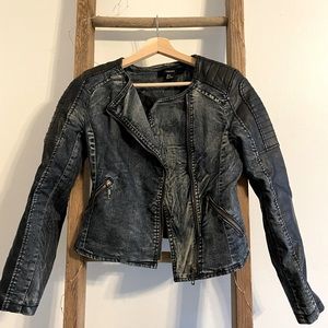 Denim & Vegan Leather Moto Jacket (S) | Forever21